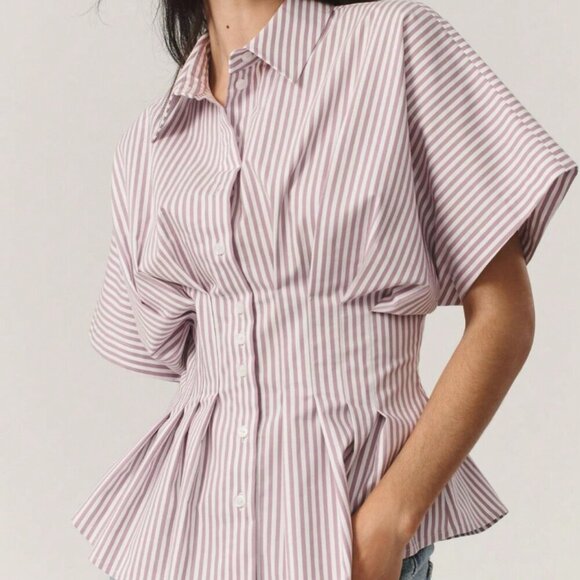 Casual Women's Striped Pleated Shirt Short-Sleeve Limited Edition - Picture 1 of 4